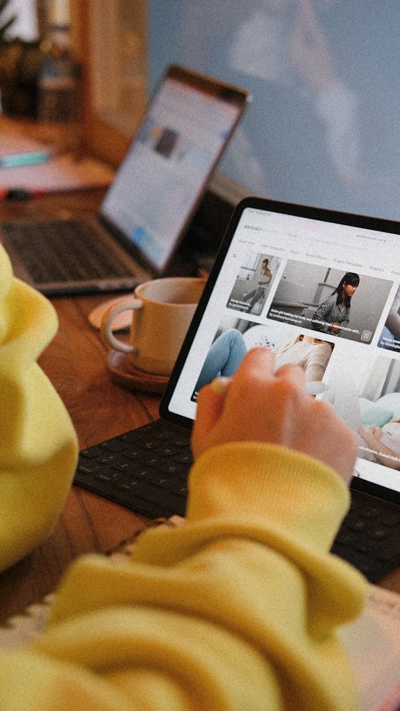 Close-up of a hand using a tablet in a cozy workspace environment with a laptop nearby.